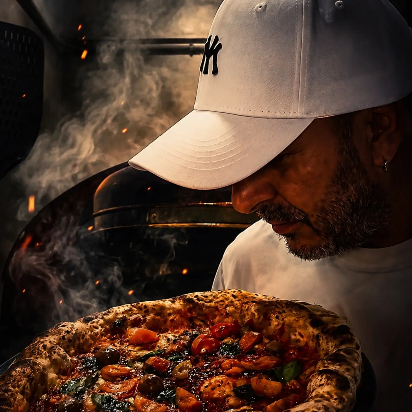 Giuseppe presenta una pizza appena sfornata